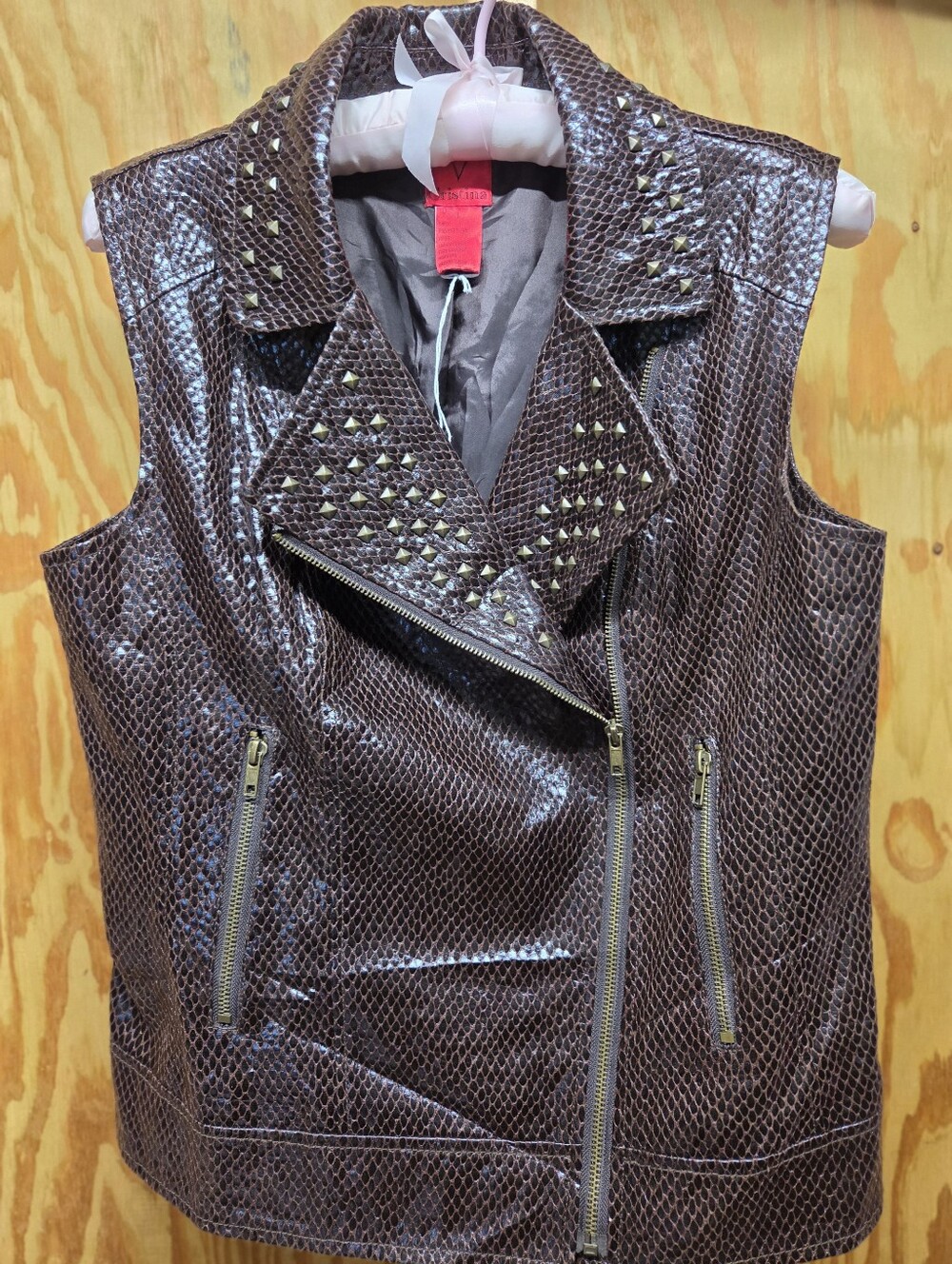 V. Cristina Brown Faux Snakeskin Studded Moto Vest L